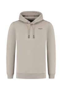 Beige hoodie met trekkoorden en klein zwart "BALLIN'" logo op de linkerkant van de borst, ribbelmanchetten en -zoom, effen achtergrond.