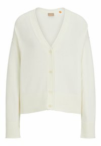 Vit stickad cardigan med djup V-hals, sex knappar, ribbade ärmslut och fåll. Tagg synlig inuti med varumärket "BOSS."