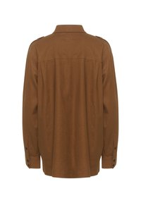 Chemise marron à manches longues avec une coupe décontractée, des poignets à boutons et des épaulettes aux épaules. Fabriquée en tissu texturé avec un léger éclat.