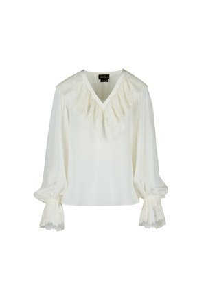 Witte blouse met lange mouwen en V-hals, voorzien van kant aan de schouders en manchetten, gemaakt van een gladde, lichte stof.