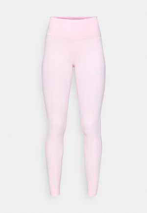 Vaaleanpunaiset legginsit, joissa on korkea vyötärö ja joustava materiaali. Sivussa on huomaamaton Nike-logo ja pinta on sileä.
