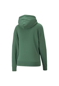 Zielona bluza z kapturem o luźnym kroju, wykonana z miękkiego materiału, z kieszenią kangurką i ściągaczami na mankietach. Gładka tekstura.