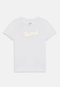 Valge puuvillane t-särk lühikeste varrukatega, mille esipinnal on kuldne metallik "Puma" logo. Ümar kaelus, sile tekstuur, soe lõige.