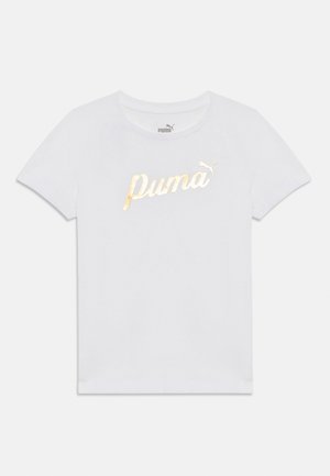 Λευκό βαμβακερό t-shirt με κοντά μανίκια που φέρει ένα χρυσό μεταλλικό λογότυπο "Puma" μπροστά. Στρογγυλή λαιμόκοψη, απαλός υφασμάτινος χαρακτήρας, άνετη εφαρμογή.