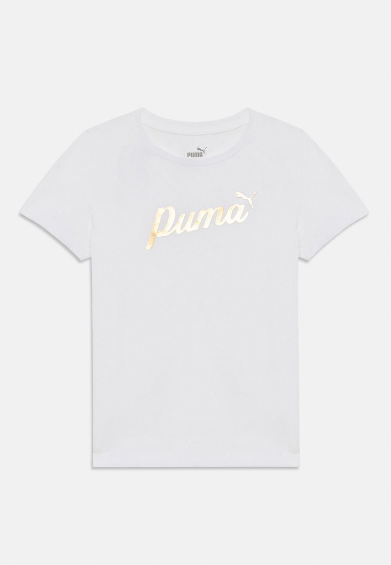 Valge puuvillane t-särk lühikeste varrukatega, mille esipinnal on kuldne metallik "Puma" logo. Ümar kaelus, sile tekstuur, soe lõige.