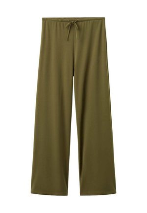 Oliven grønne, vidde bukser lavet af blødt, strækbart stof med elastisk taljebånd og justerbar snøre. Ingen mønstre eller pynt.