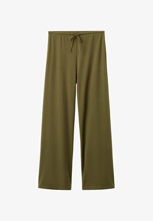 Oliven grønne, vidde bukser lavet af blødt, strækbart stof med elastisk taljebånd og justerbar snøre. Ingen mønstre eller pynt.