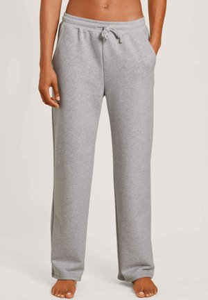 Helle graue Jogginghose aus weichem Stoff, mit einem elastischen Bund und Kordelzug, seitlichen Taschen und einer lockeren Passform.