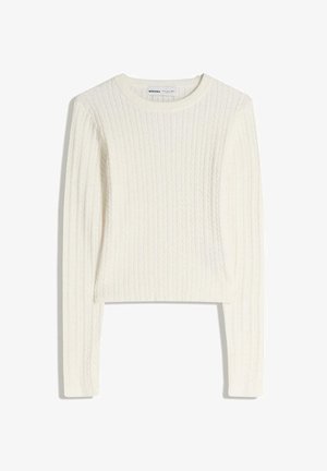 Biely sveter s pleteným vzorom káblov, dlhými rukávmi, okrúhlym výstrihom a rebrovanou textúrou. Skrátený dizajn pridáva moderný nádych.