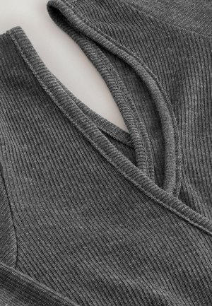 Gray ribbed fabric with a v-neck design, featuring a smooth texture and visible stitching details along the neckline and edges.