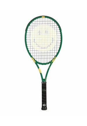 Green and yellow tennis racket with a smiley face pattern on the strings and a black grip handle.