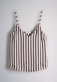 Spaghetti strap tank top with vertical brown and white stripes, medium size, displayed on a light gray background.