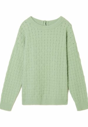 Hellgrüner Strickpullover mit strukturiertem Karomuster, weitem Halsausschnitt und langen Ärmeln, mit gerippten Bündchen und Saum.