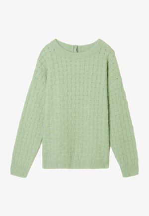 Hellgrüner Strickpullover mit strukturiertem Karomuster, weitem Halsausschnitt und langen Ärmeln, mit gerippten Bündchen und Saum.