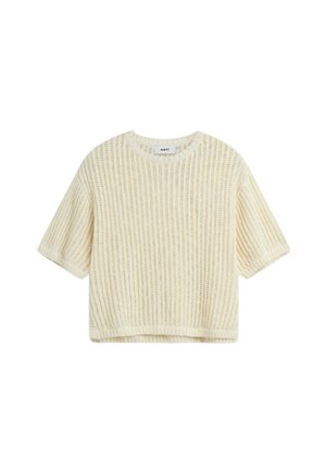 Kreklu garām piedurknēm, sagriezts adīts tops krēmkrāsā ar vertikālu ribotu tekstūru un apaļu kakla izgriezumu. Iekšējos kakla tagus.