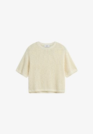 Kreklu garām piedurknēm, sagriezts adīts tops krēmkrāsā ar vertikālu ribotu tekstūru un apaļu kakla izgriezumu. Iekšējos kakla tagus.