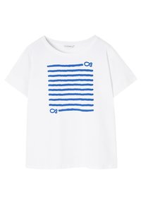 T-shirt en coton blanc avec des lignes horizontales bleues et des motifs en boucle sur le devant. Manches courtes et coupe décontractée.