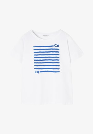 Weißes Baumwoll-T-Shirt mit blauen horizontalen Linien und Schleifenmustern auf der Vorderseite. Kurze ärmel und lockere Passform.