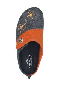 Gray and orange felt slipper with a soft texture, featuring embroidered dragonflies and a metal button accent, designed for comfort.