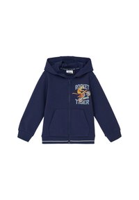 Dunkelblauer Kapuzenpullover mit Reißverschluss, aus weichem Material, mit einem grafischen Motiv eines Tigers auf einem Fahrrad und frontalen Taschen.