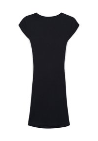 Robe noire côtelée à manches courtes, avec un col rond et une coupe ajustée. Le tissu a une apparence lisse et texturée.