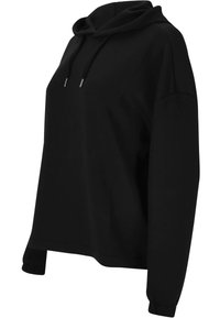 Svart hoodie i mjukt tyg, med dragsko i huvan, lös passform, sänkta axlar och ribbade ärmslut. Enkel, enfärgad design.