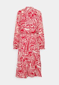 Abito con motivo paisley rosso e off-white, dotato di maniche lunghe, vita con cintura e silhouette fluida. Presenta polsini delle maniche arricciati.