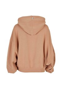 Roosa ülemõõduline kapuutsiga pusa, pehme kangas, langevad õlalõhed, soonikkoes põhi ja mansetid, kapuuts, ning tagaküljel väike sildi detail.