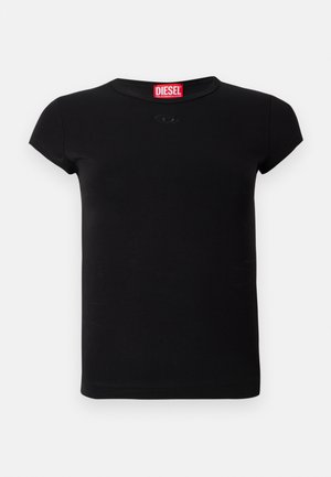 Black short-sleeve fitted t-shirt with round neckline and red Diesel logo tag inside the collar.