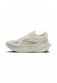 White running shoe with a breathable mesh upper, green and pink accents, thick cushioned sole, and "HYPERION MAX" branding on the side.