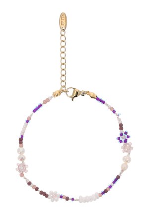 Brățară delicată cu mărgele pastel roz, mov și alb, modele florale, două perle mici și o închizătoare aurie cu lanț de prelungire.