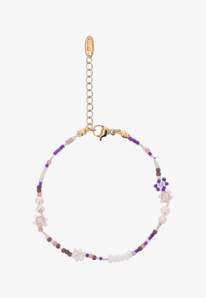 Brățară delicată cu mărgele pastel roz, mov și alb, modele florale, două perle mici și o închizătoare aurie cu lanț de prelungire.