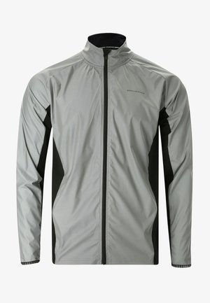 Leichte, graue Jacke mit einer schwarzen Seitenleiste; Full-Zip, hoher Kragen, leicht glänzend; geeignet für Sportbekleidung.