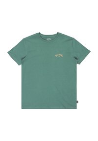 T-shirt verde in cotone, maniche corte, collo rotondo. Presenta un piccolo logo chiaro sul lato sinistro del petto. Tessuto morbido, vestibilità casual.
