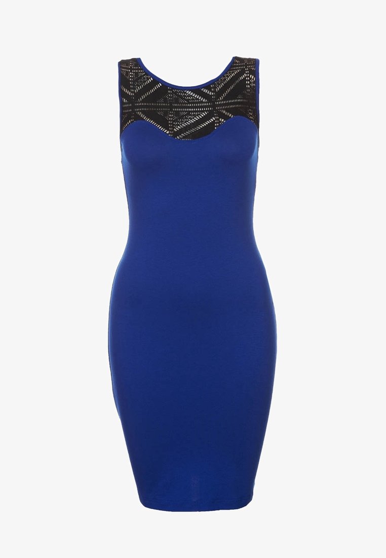 Blå bodycon-klänning med ärmlös design. Texturerad svart spetsdetalj vid halsringningen och geometriska utskärningar vid axlarna.