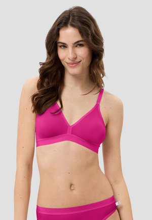 Rosa drahtlose Bralette mit verstellbaren Trägern, dreieckiger Form, glatter Textur und einem markierten Bund unter der Brust.