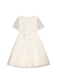 Weißes Kleid mit kurzen Spitzenärmeln, strukturiertem Oberteil und Tüllrock. Mit einem Reißverschluss am Rücken und einem Satinband als Gürtel in der Taille.