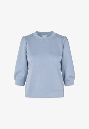 Lichtblauwe sweatshirt met een ronde hals, driekwart puff mouwen en een relaxte pasvorm. Glad textuur met geribde manchetten en zoom.