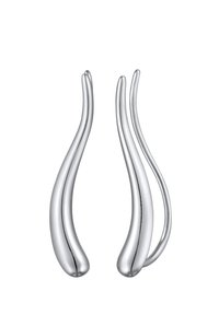 Silberne Ohrringe mit einem eleganten, geschwungenen Design. Aus poliertem Metall gefertigt, mit verlängerten, fließenden Formen und glatten Oberflächen.