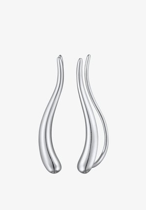 Sølvøreringe med et slankt, buet design. Fremstillet af poleret metal, med forlængede, flydende former og glatte overflader.