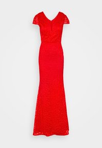 Vestido de noite vermelho em renda com mangas curtas, decote em V e silhueta ajustada que se alarga na barra. Possui fecho de zíper nas costas.