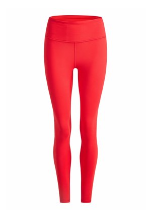 Red high-waist seamless fitted leggings with flat seams, extending to the ankles, designed for activewear or casual use.