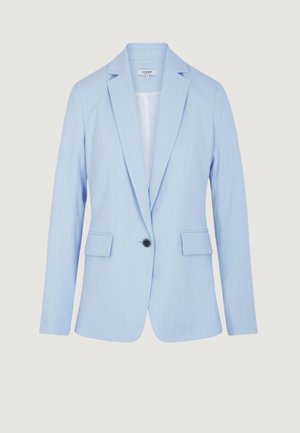 Blazer da donna azzurro chiaro con rever a incavo, una chiusura con bottone nero e due tasche frontali con patta.