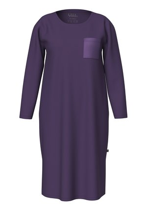Paarse lange mouw jurk van zachte stof. Heeft een ronde halslijn en een borstzak met een vlak ontwerp.