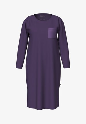 Paarse lange mouw jurk van zachte stof. Heeft een ronde halslijn en een borstzak met een vlak ontwerp.