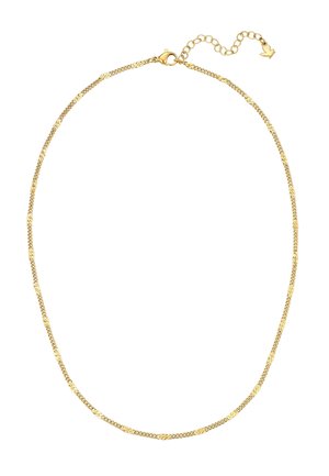 Dünne goldene Halskette mit Karabinerverschluss und verstellbarer Verlängerungskette, die in einem kleinen pfeilförmigen Anhänger endet.