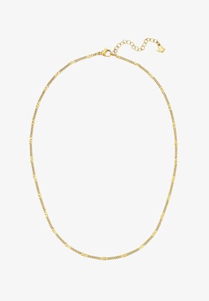 Dünne goldene Halskette mit Karabinerverschluss und verstellbarer Verlängerungskette, die in einem kleinen pfeilförmigen Anhänger endet.