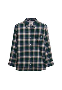 Groen geruite blouse met lange mouwen, voorzien van witte, marineblauwe en kastanjebruine lijnen. Klein logo op de borstzak.