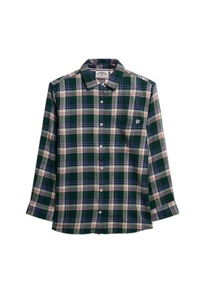 Chemise à carreaux verts à boutons avec manches longues, présentant des lignes blanches, navy et bordeaux. Petit logo sur la zone de la poche poitrine.