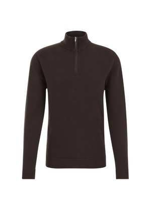 Pull en tricot marron avec un col haut et une fermeture à demi-zip, doté de poignets et d'un ourlet côtelés, avec un motif de tissu texturé sur l'ensemble.